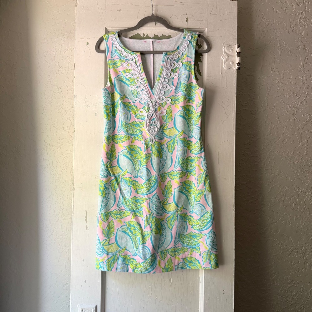 Lilly Pulitzer Pink Green Citrus Print Soutache V-Neck Shift Dress Sleeveless